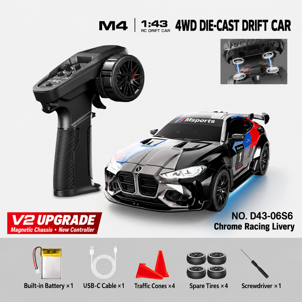 HSTAR D43-06Q / D43-06S M4 1/43 4WD Alloy RC Drift Car RTR – V2 Controller & Magnetic Body