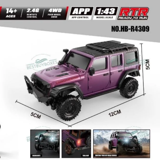HB Toys 1:43 4WD Mini RC Rock Crawler – App & 2.4GHz Remote Control, LED Lights, USB Rechargeable Micro Off-Road Truck