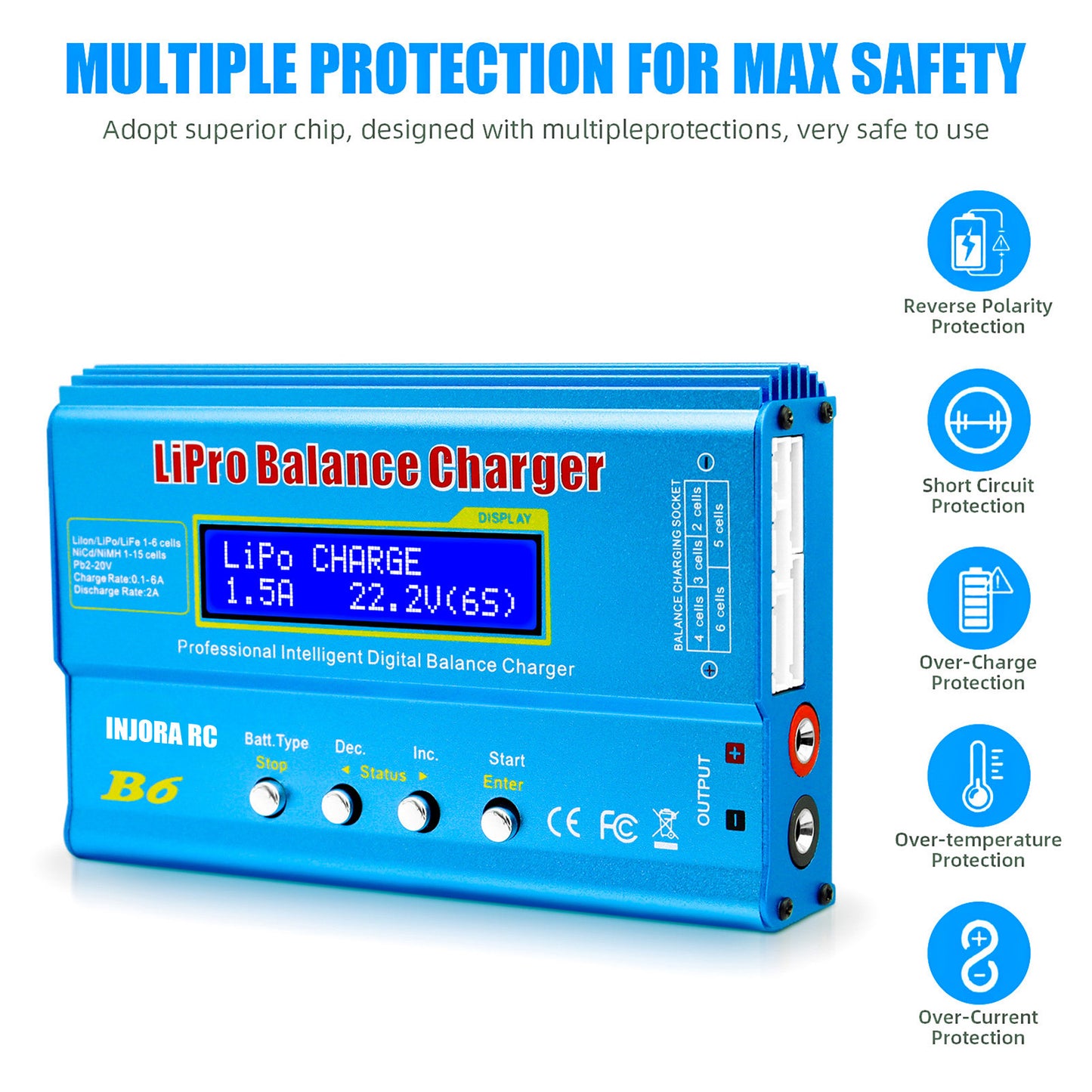 INJORA RC B6 多機能バランス充電器 - LiPo、NiMH、LiFe、Pbバッテリー用の安全で高性能な充電器