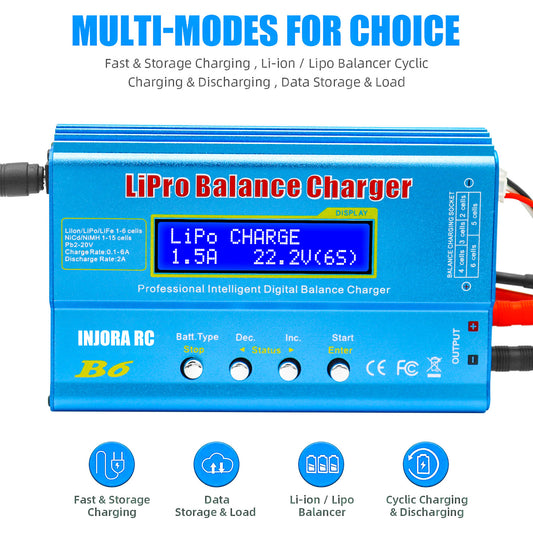 INJORA RC B6 Multifunctional Balance Charger - Safe, High-Performance Charger for LiPo, NiMH, LiFe, Pb Batteries