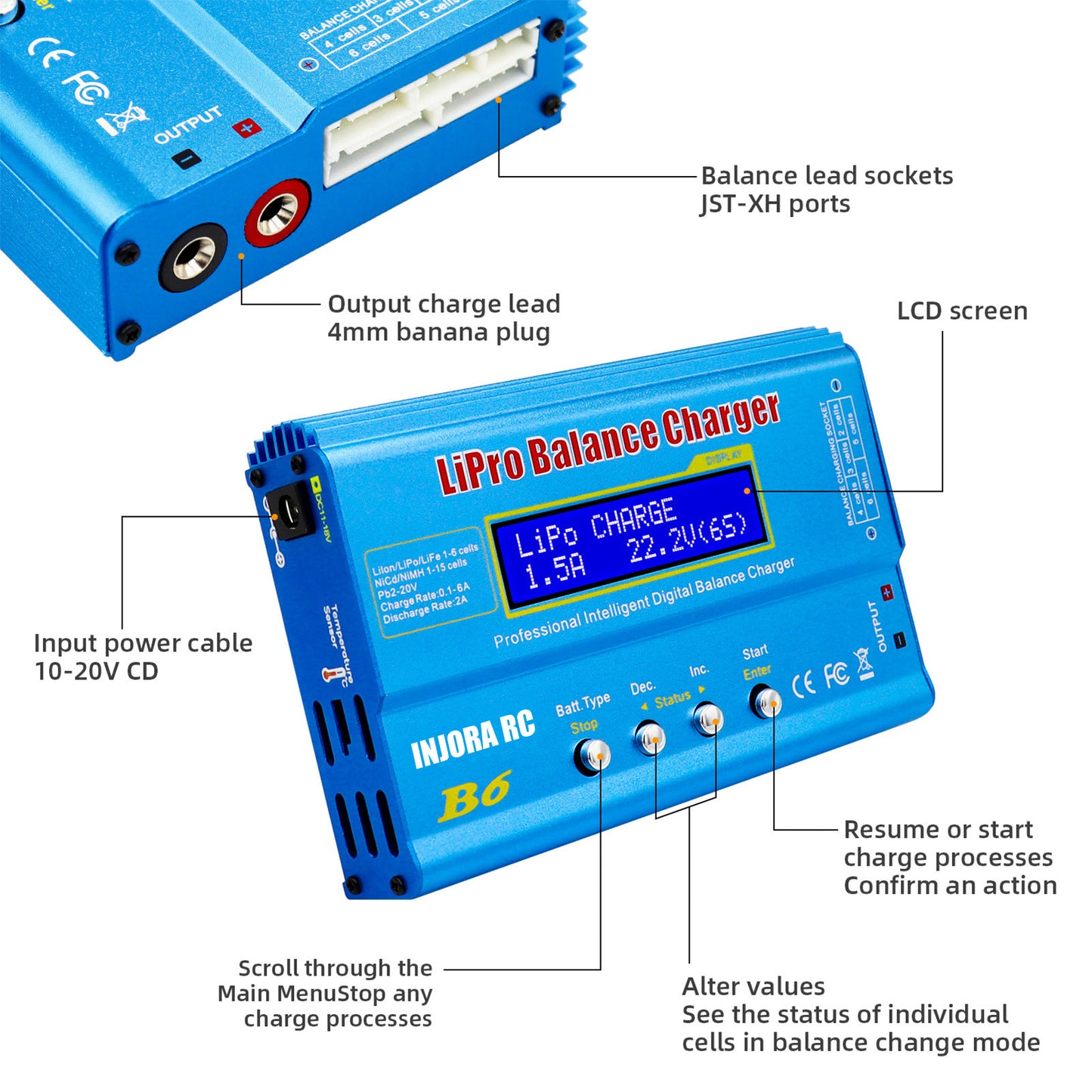 INJORA RC B6 多機能バランス充電器 - LiPo、NiMH、LiFe、Pbバッテリー用の安全で高性能な充電器