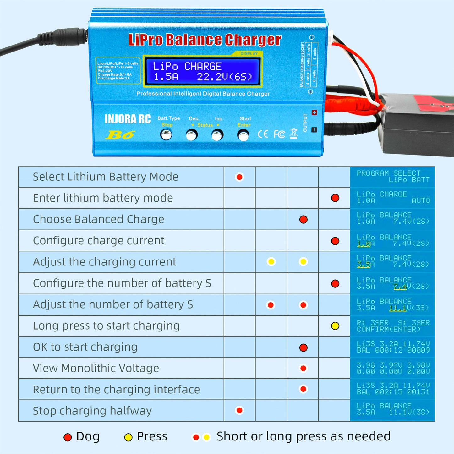 INJORA RC B6 多機能バランス充電器 - LiPo、NiMH、LiFe、Pbバッテリー用の安全で高性能な充電器
