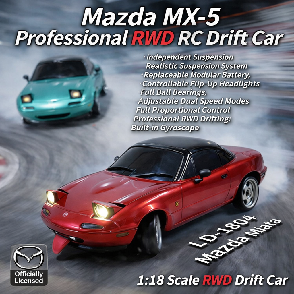 LDRC LD1804 Mazda MX-5 Miata NA 1/18 RC Drift Car w/ Gyro, LED Pop-Up Lights, RWD, 2.4GHz – Official Licensed