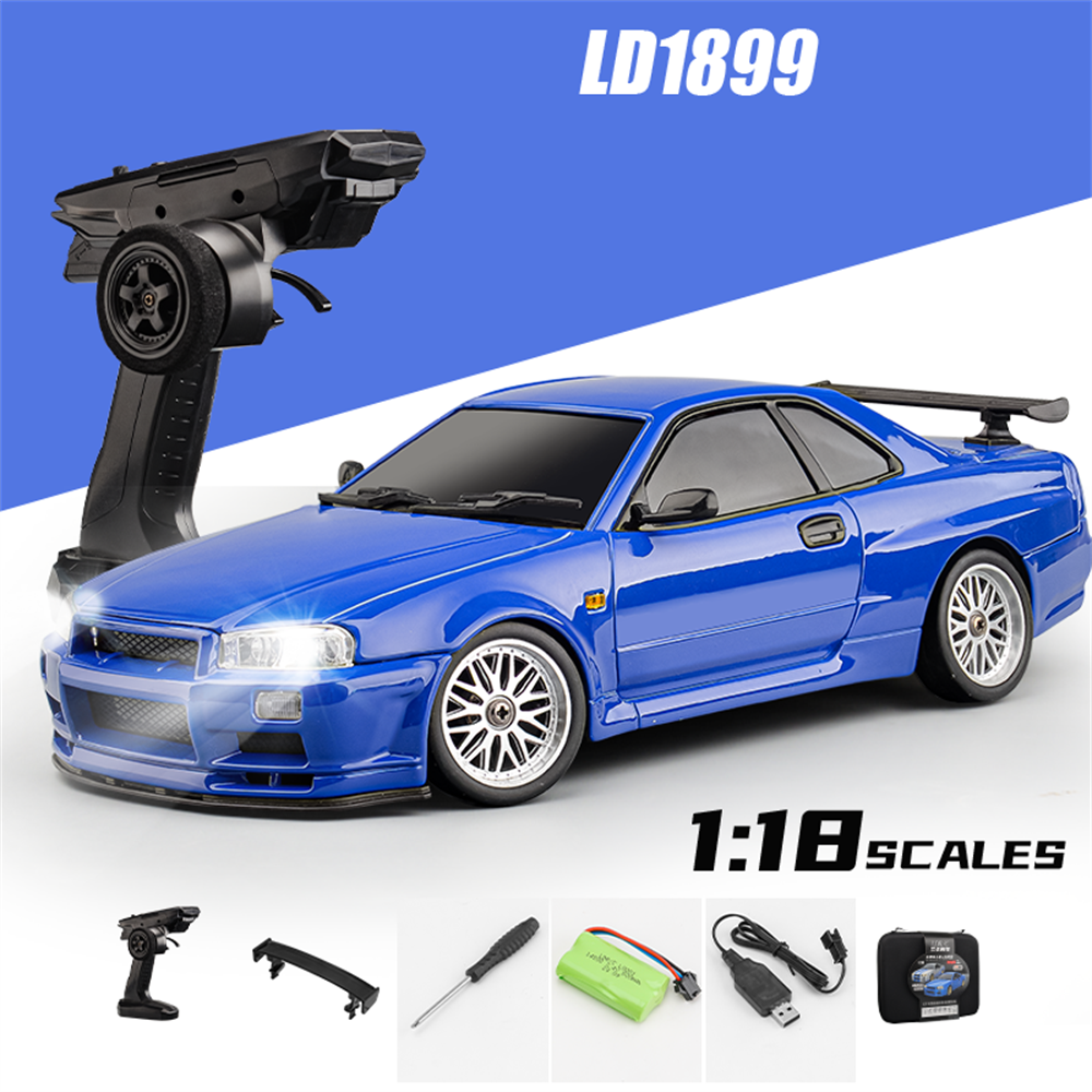 LDRC 1899 1/18 RTR 2.4G RWD RC Drift Car GTR R34 mit Gyro, LED-Leuchten und Alu-Karosserie