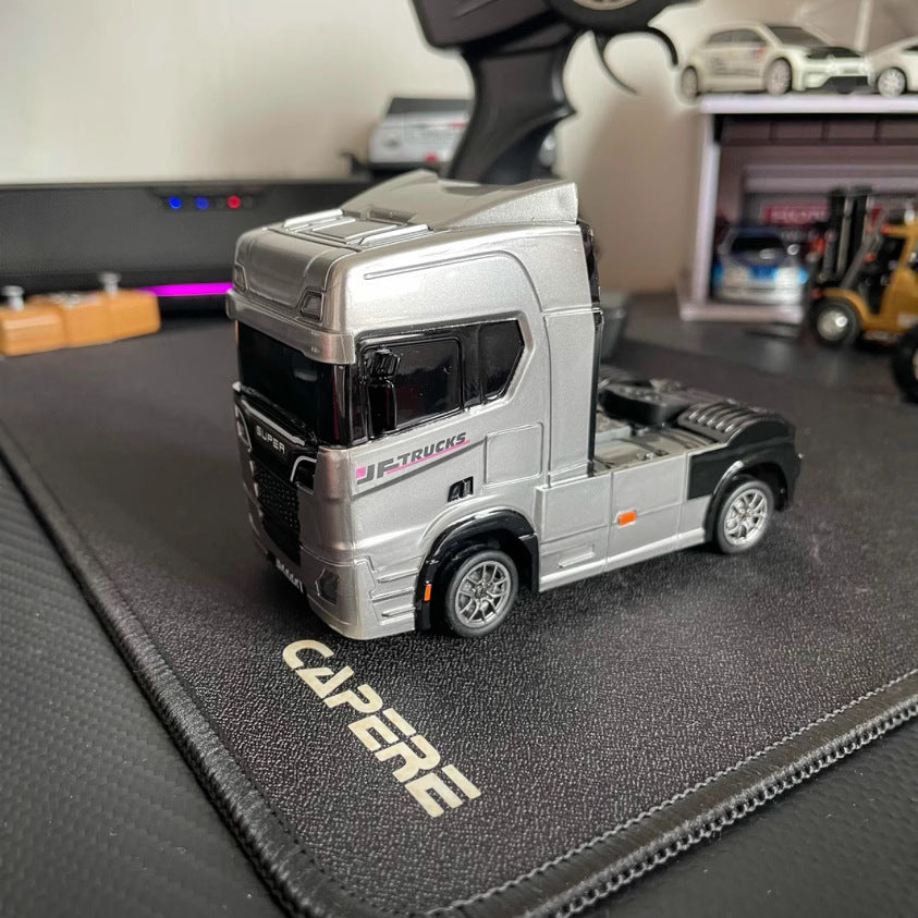 BRRRRT 1/43 Scale Mini RC Semi Truck – Dual-Speed, Gyro Drift, 2.4GHz Remote, LED Lights, Extra Tires – White/Silver
