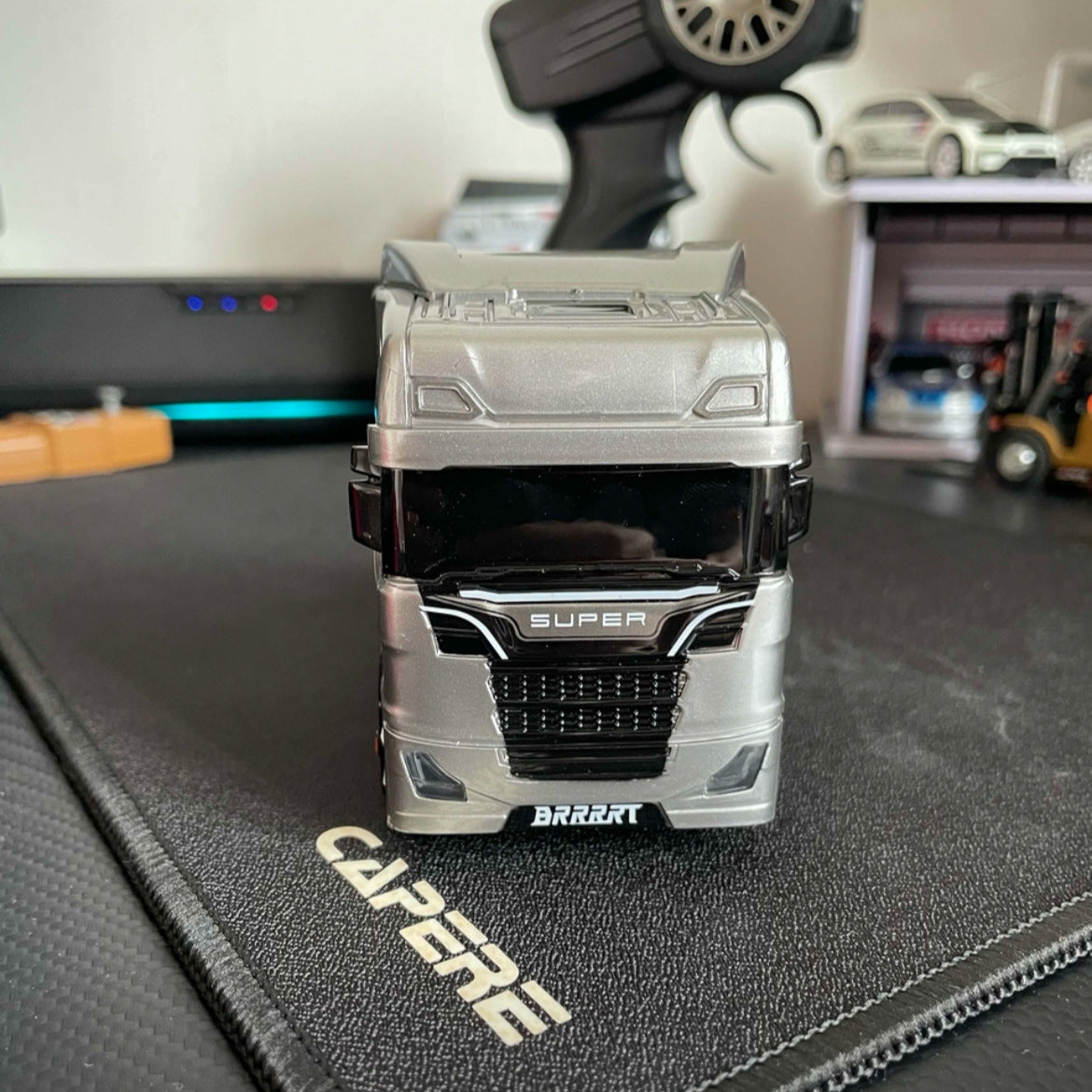 BRRRRT 1/43 Scale Mini RC Semi Truck – Dual-Speed, Gyro Drift, 2.4GHz Remote, LED Lights, Extra Tires – White/Silver
