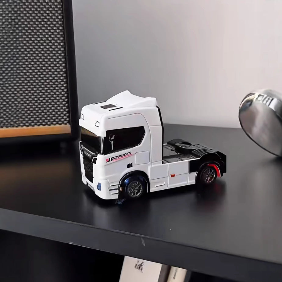 BRRRRT 1/43 Scale Mini RC Semi Truck – Dual-Speed, Gyro Drift, 2.4GHz Remote, LED Lights, Extra Tires – White/Silver