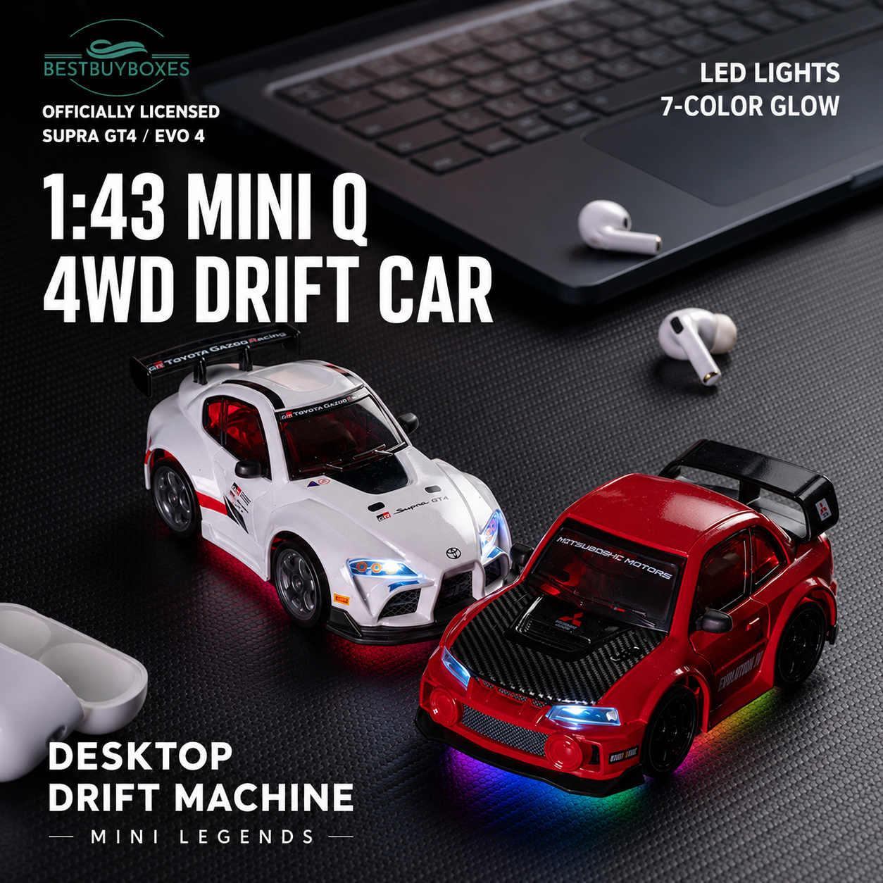 WHOOSH 1:43 Mini 4WD RC Drift Car – Toyota Supra GT4 / Mitsubishi