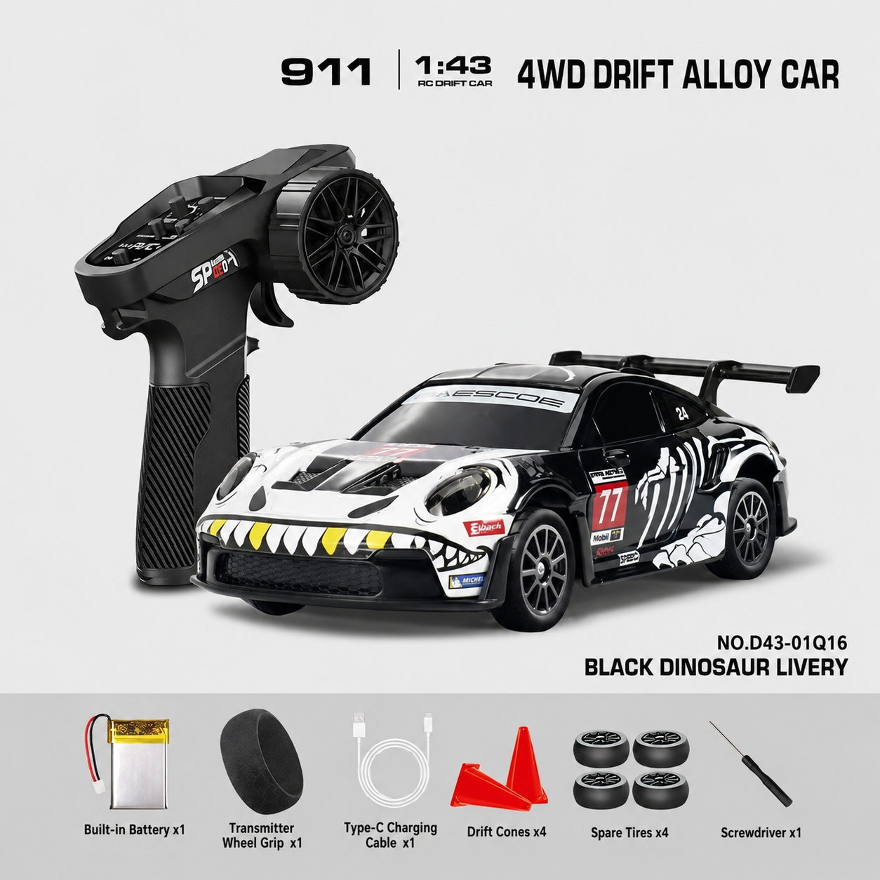 HStar D43-01Q 1/43 Scale 4WD Alloy RC Drift Car Porsche 911 with Gyro & LED Lights