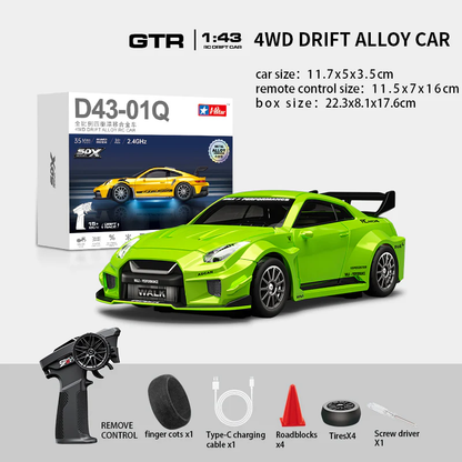 HStar D43-02Q 1/43 4WD Alloy RC Drift Car – GTR Edition with LED Lights & Gyro Stabilization