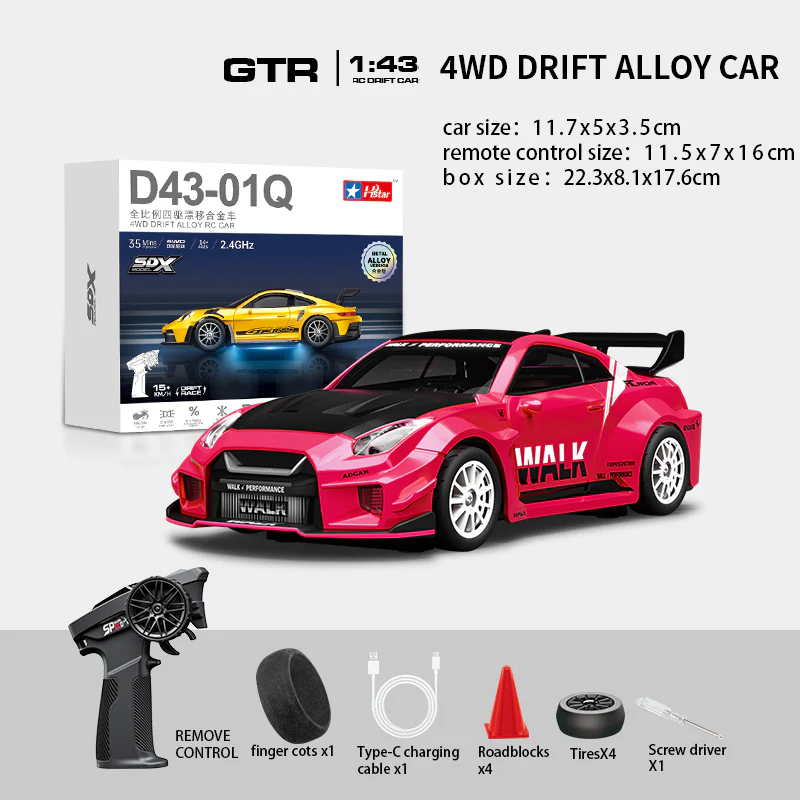 HStar D43-02Q 1/43 4WD Alloy RC Drift Car – GTR Edition with LED Lights & Gyro Stabilization