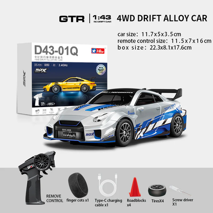 HStar D43-02Q 1/43 4WD Alloy RC Drift Car – GTR Edition with LED Lights & Gyro Stabilization