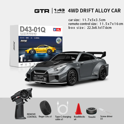 HStar D43-02Q 1/43 4WD Alloy RC Drift Car – GTR Edition with LED Lights & Gyro Stabilization
