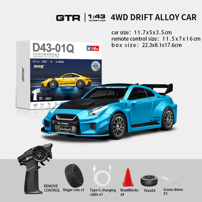 HStar D43-02Q 1/43 4WD Alloy RC Drift Car – GTR Edition with LED Lights & Gyro Stabilization