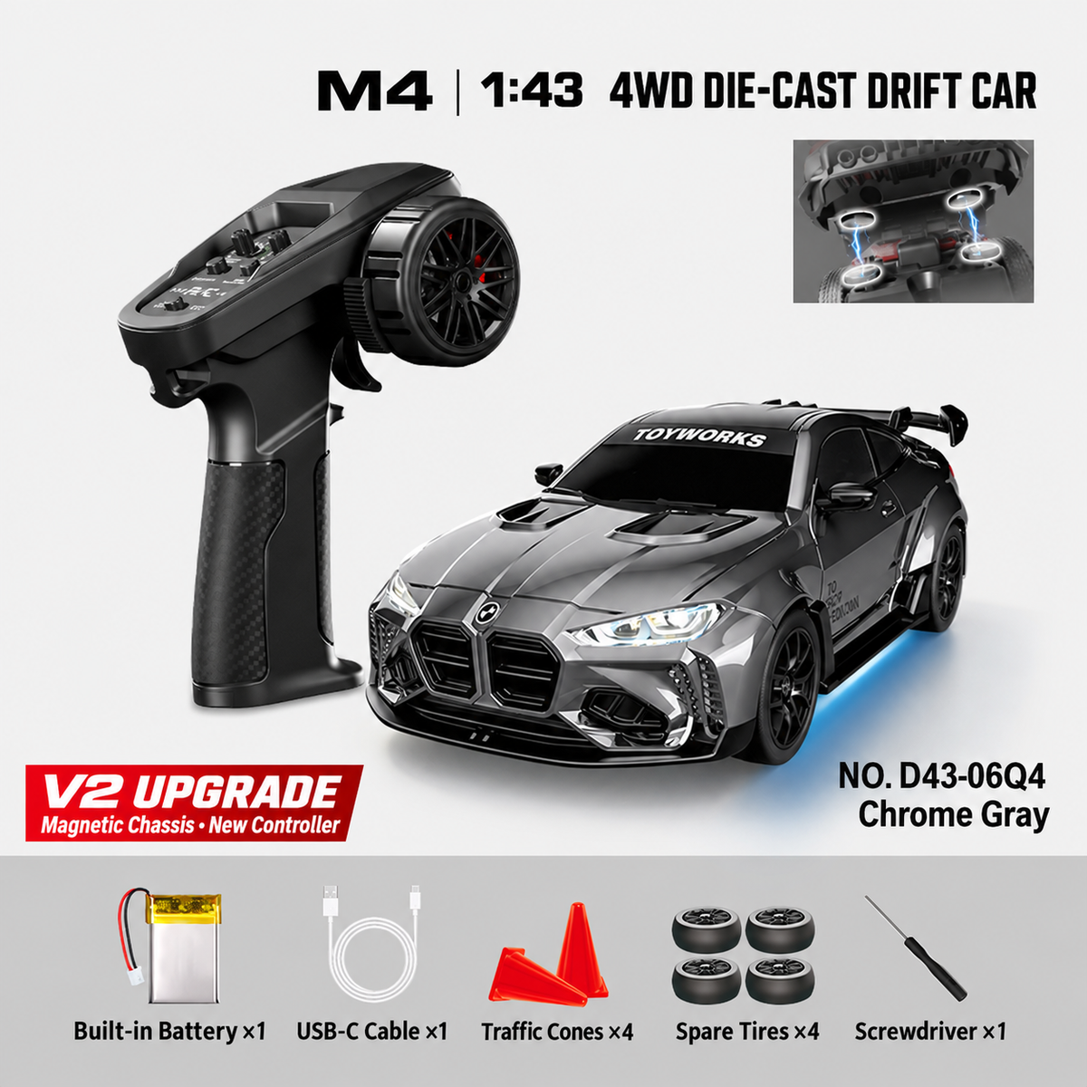 HSTAR D43-06Q / D43-06S M4 1/43 4WD Alloy RC Drift Car RTR – V2 Controller & Magnetic Body