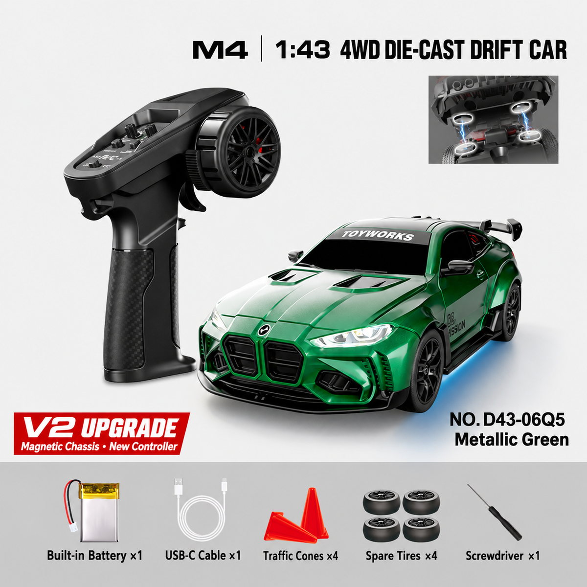 HSTAR D43-06Q / D43-06S M4 1/43 4WD Alloy RC Drift Car RTR – V2 Controller & Magnetic Body