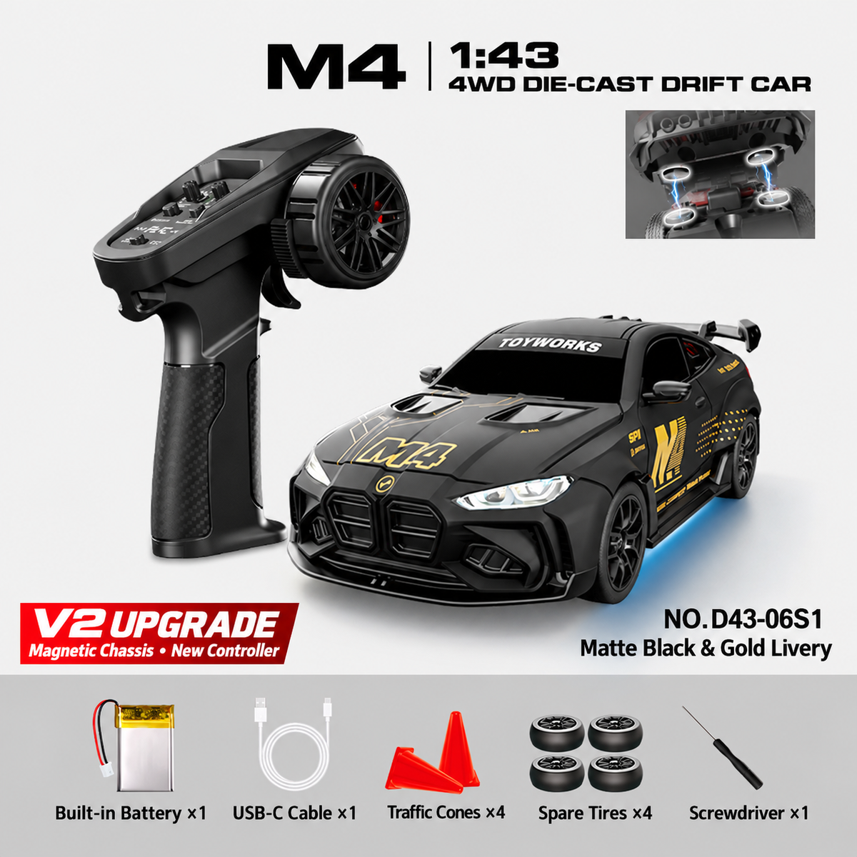 HSTAR D43-06Q / D43-06S M4 1/43 4WD Alloy RC Drift Car RTR – V2 Controller & Magnetic Body
