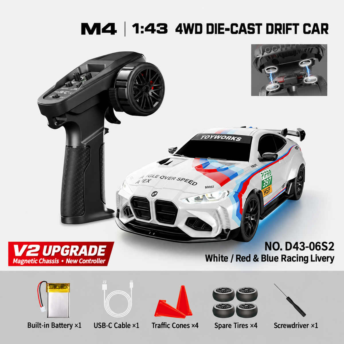 HSTAR D43-06Q / D43-06S M4 1/43 4WD Alloy RC Drift Car RTR – V2 Controller & Magnetic Body