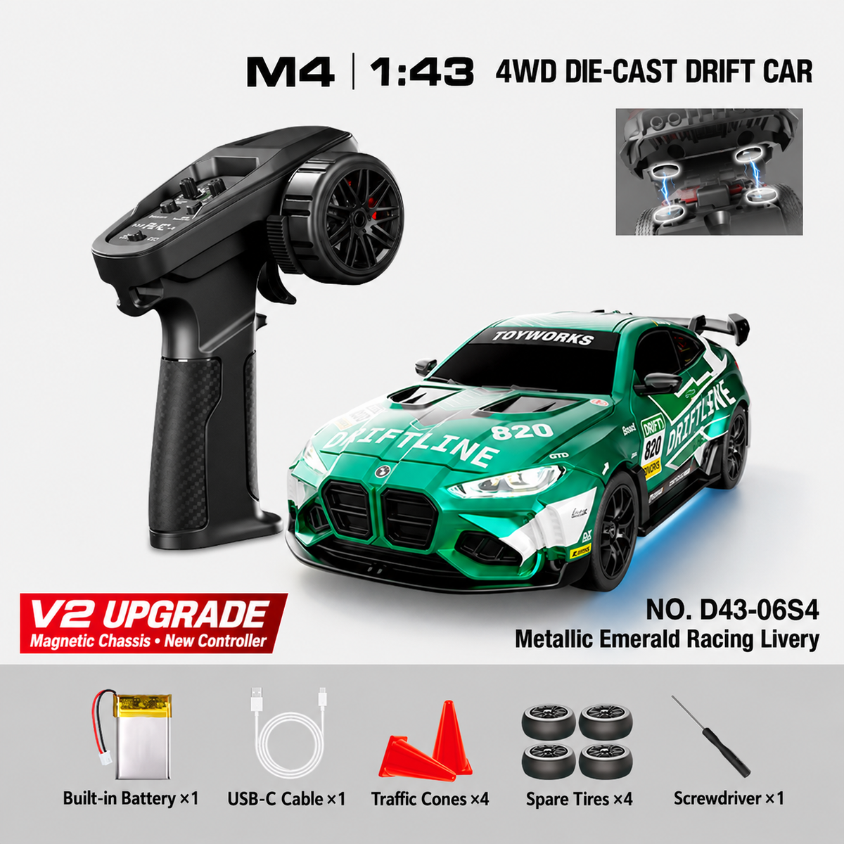 HSTAR D43-06Q / D43-06S M4 1/43 4WD Alloy RC Drift Car RTR – V2 Controller & Magnetic Body