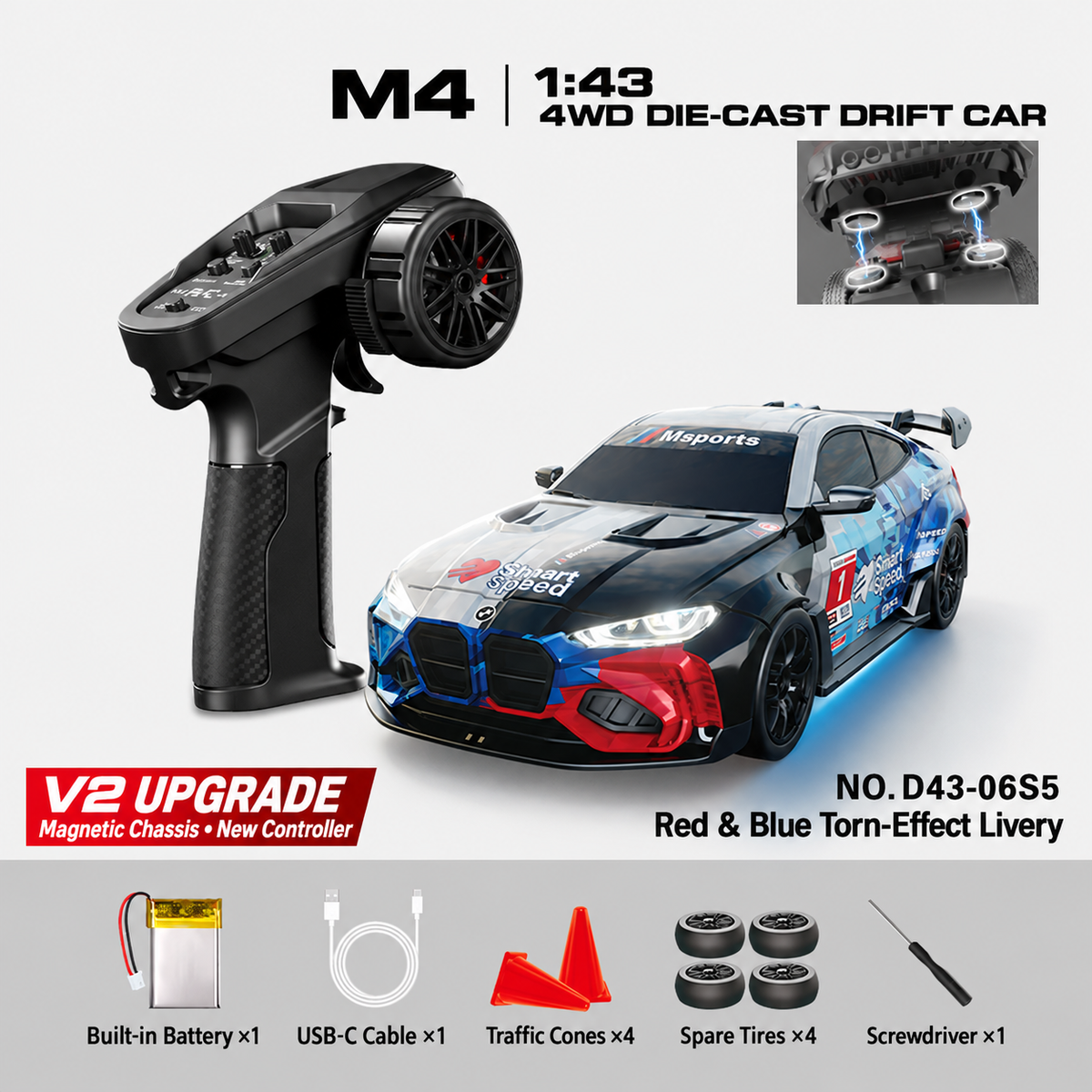 HSTAR D43-06Q / D43-06S M4 1/43 4WD Alloy RC Drift Car RTR – V2 Controller & Magnetic Body