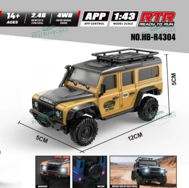 HB Toys 1:43 4WD Mini RC Rock Crawler – App & 2.4GHz Remote Control, LED Lights, USB Rechargeable Micro Off-Road Truck