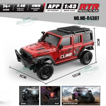 HB Toys 1:43 4WD Mini RC Rock Crawler – App & 2.4GHz Remote Control, LED Lights, USB Rechargeable Micro Off-Road Truck