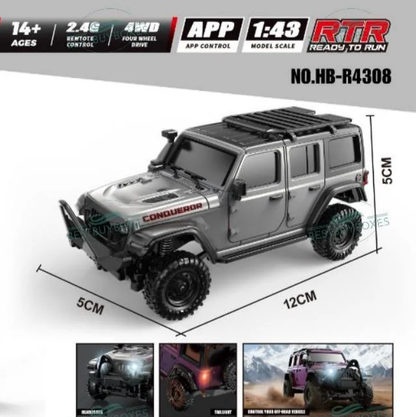 HB Toys 1:43 4WD Mini RC Rock Crawler – App & 2.4GHz Remote Control, LED Lights, USB Rechargeable Micro Off-Road Truck