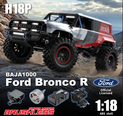 Model of a Ford Bronco R off-road vehicle with accessories on a rocky terrain background.