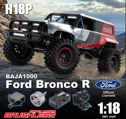 Model of a Ford Bronco R off-road vehicle with accessories on a rocky terrain background.