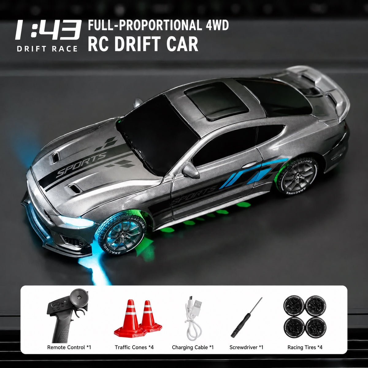 XZH PB079A/PB079B 1/43 4WD Mini RC Drift Car RTR with Gyro, LED Lights & Racing Tires