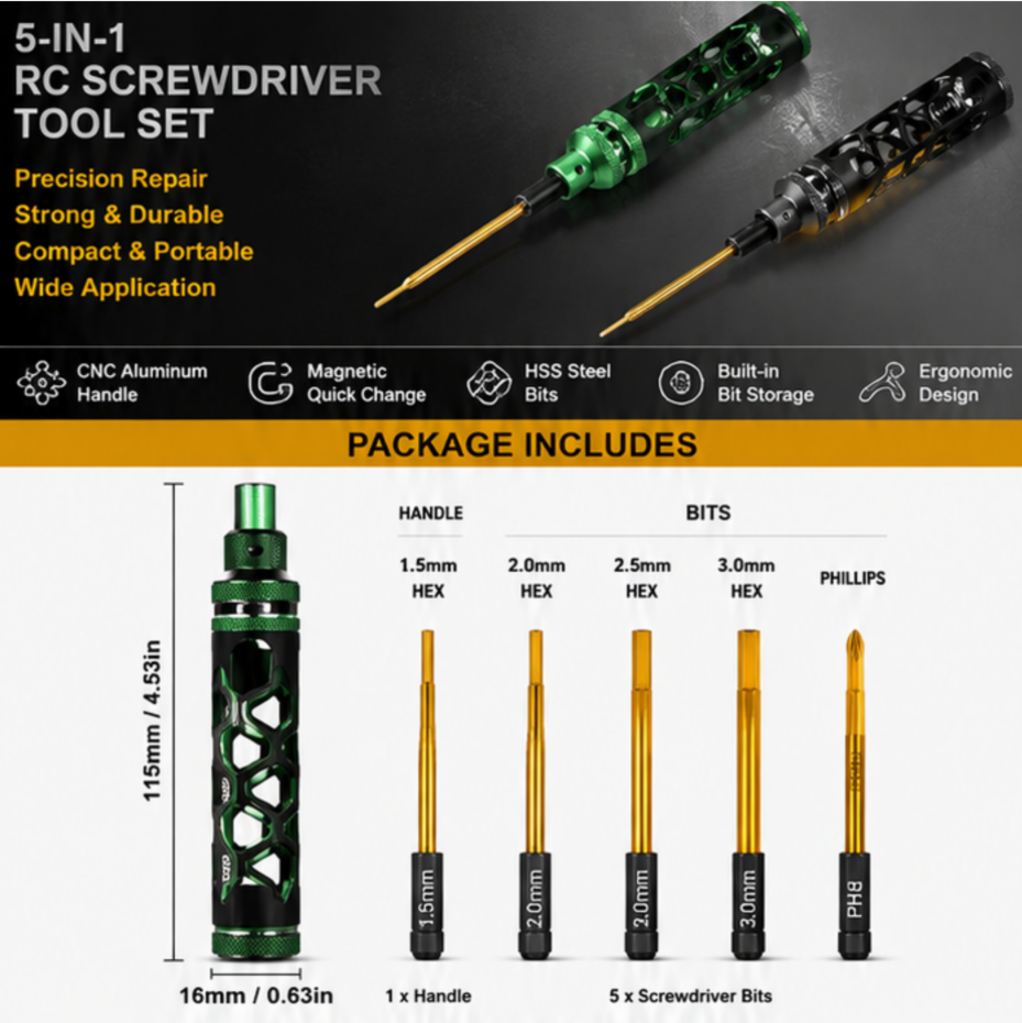 BestBuyBoxes 5-in-1 RC Hex Driver Screwdriver Tool Kit – 1.5/2.0/2.5/3.0mm + Phillips for RC Cars, FPV Drones, Helicopters & Boats