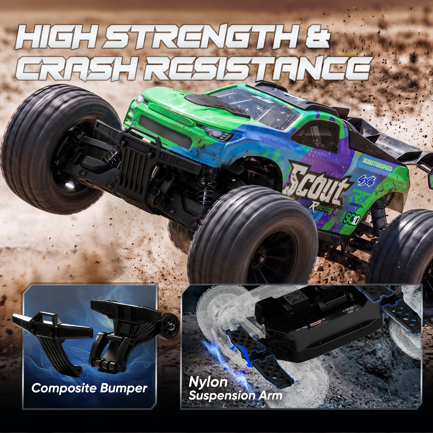 JIUSI Scout SC10 1/10 4WD 3S Brushless RC Monster Truck RTR – 50+ MPH