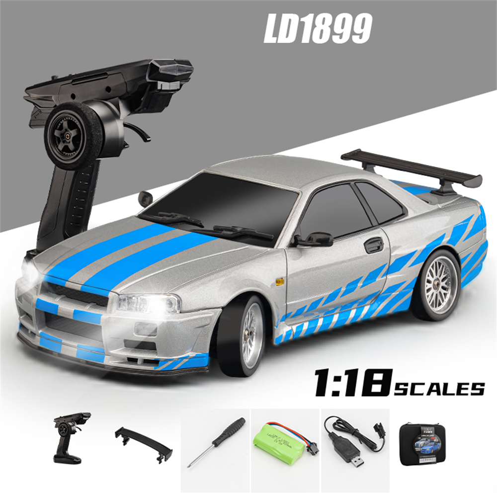 LDRC 1899 1/18 RTR 2.4G RWD RC Drift Car GTR R34 with Gyro, LED Lights, and Alloy Body