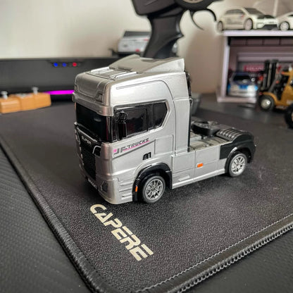 BRRRRT 1/43 Scale Mini RC Semi Truck – Dual-Speed, Gyro Drift, 2.4GHz Remote, LED Lights, Extra Tires – White/Silver