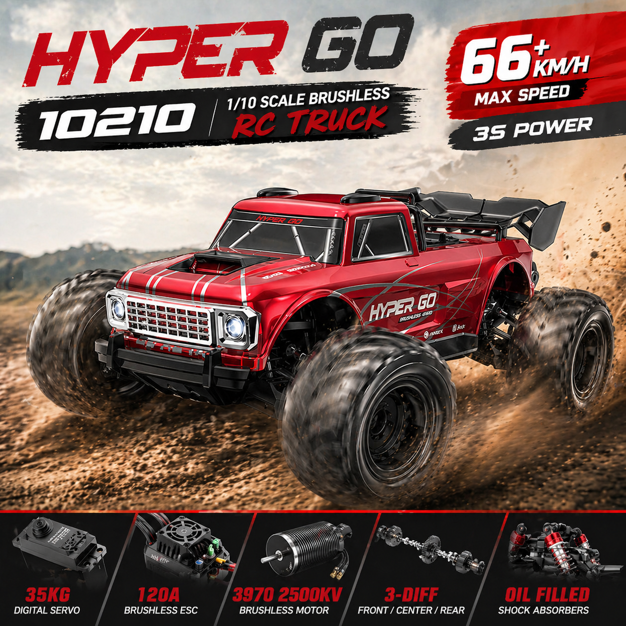 MJX Hyper Go 10210 1/10 Brushless RC Truck 3S 66km/h 4WD High Speed Off-Road Monster Truck RTR