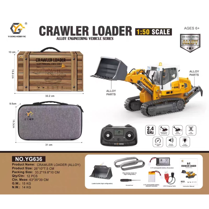 Yi Gong 636 1/50 Full-Channel Alloy RC Loader – Dual Motors, LED Lights, 2.4GHz, 3.7V LiPo