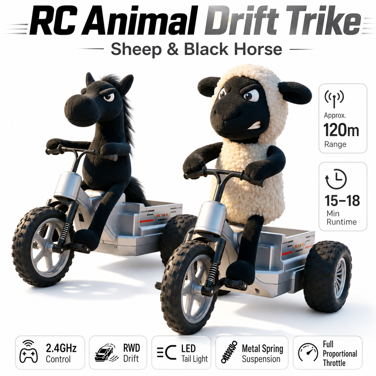 CL-18040 Remote Control Animal Trike Drift Car with LED Tail Light – Sheep or Black Horse RC Stunt Tricycle