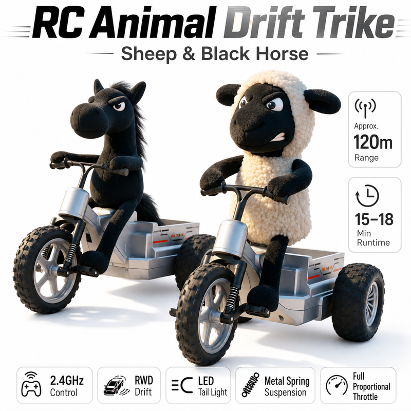 CL-18040 Remote Control Animal Trike Drift Car with LED Tail Light – Sheep or Black Horse RC Stunt Tricycle