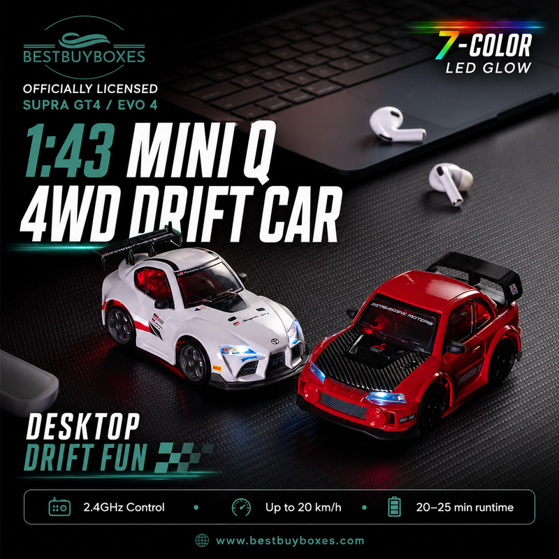 Officially Licensed 1:43 Mini Q 4WD RC Drift Car – Toyota Supra GT4 / Mitsubishi Evo 4 with LED Lights