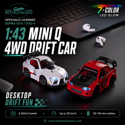 Officially Licensed 1:43 Mini Q 4WD RC Drift Car – Toyota Supra GT4 / Mitsubishi Evo 4 with LED Lights