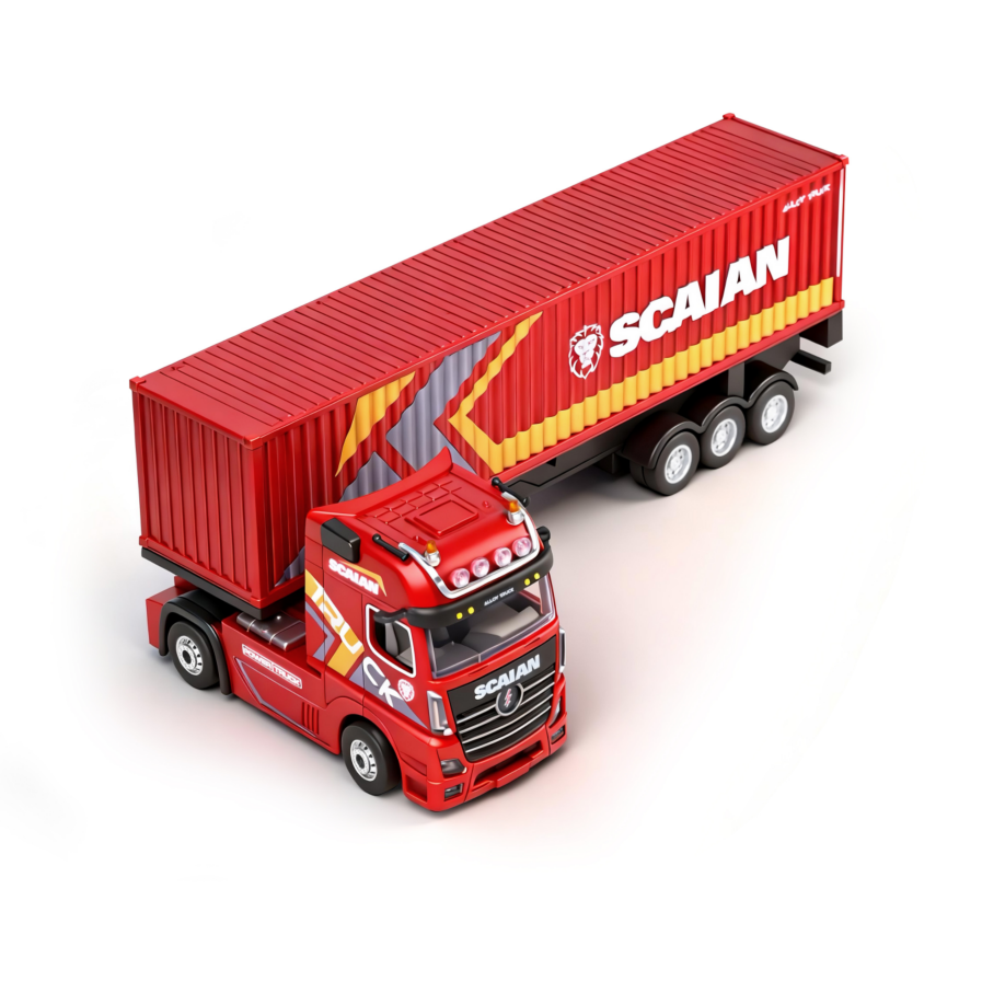 Red toy truck with a container labeled 'Scaian' on a white background