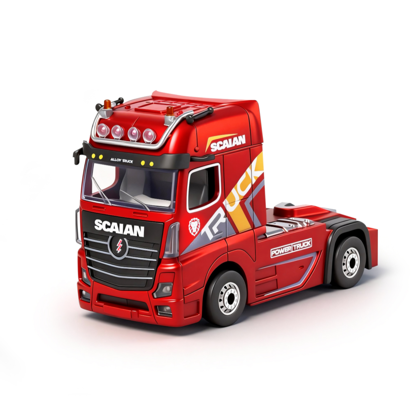 Red toy truck with 'Scaian' branding on a white background