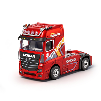 Red toy truck with 'Scaian' branding on a white background