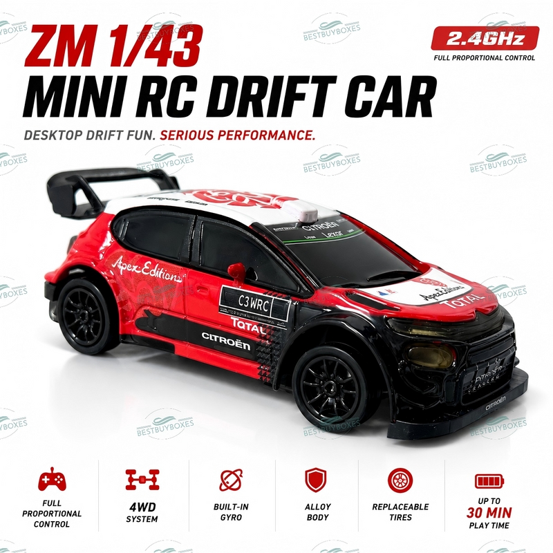 ZM 1:43 Full Proportional 4WD Mini RC Drift Rally Car – Alloy Body, Gyro, LED Lights